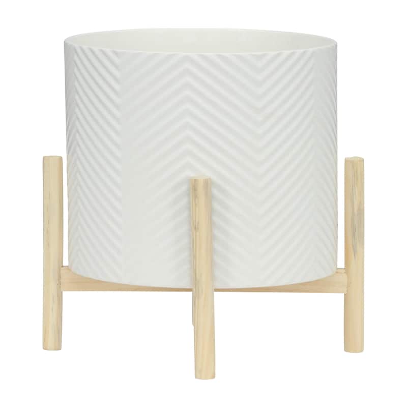 Ceramic Planter Trendy White Planter Elevated on Wooden Stand with Chevron Design For Indoor or Outdoor Plants