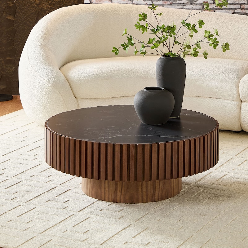 Luxury Round Coffee Table with Faux Marble Top, 35.43" Modern Low Drum Shape Cocktail Table for Living Room, Reception Room