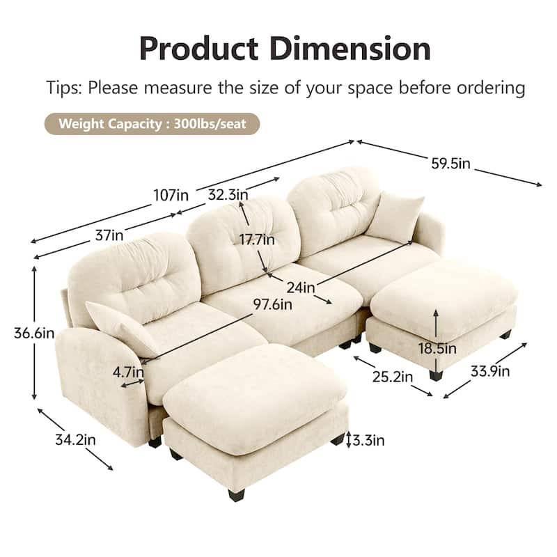 GDF Studio - Nina Modular Modern Chenille U-Shaped Sectional Sofa with Ottoman and 2 Soft Throw Pillows