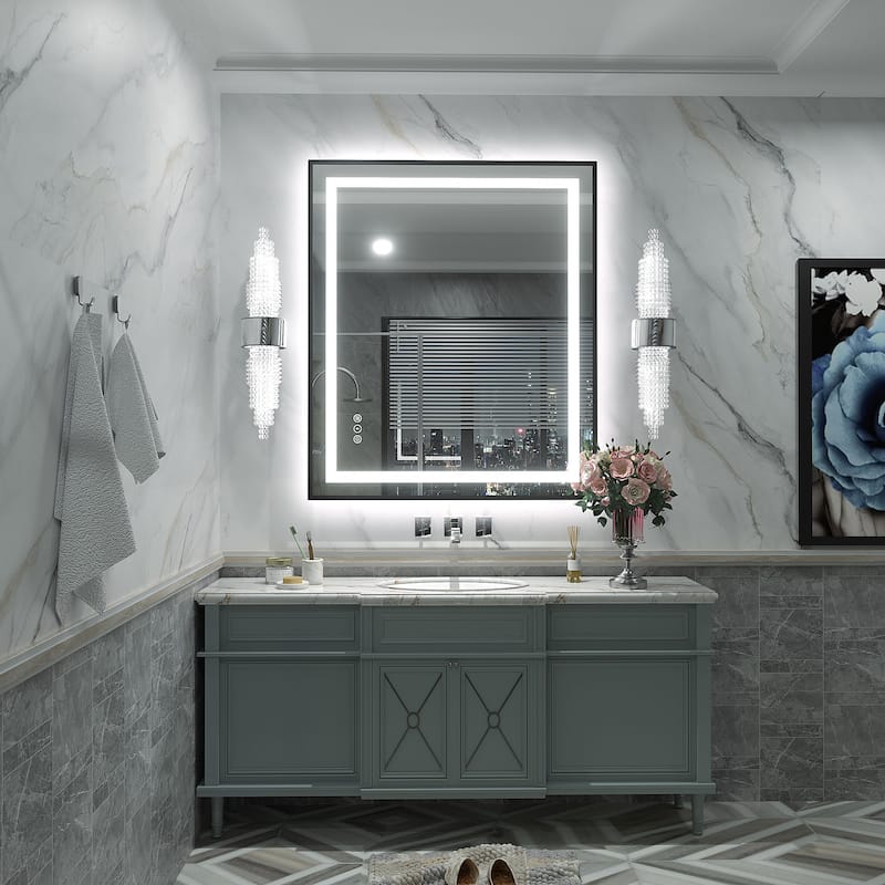 Black Metal Framed LED Front Light and Backlit Anti-Fog Wall Bathroom/ Vanity Mirror