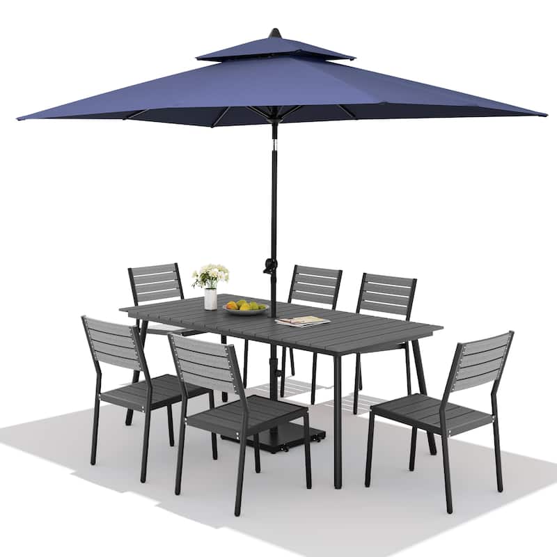 9PC Outdoor Patio Dining Set Aluminum Table with Stackable Chairs w/ Premium Market Umbrella Sets