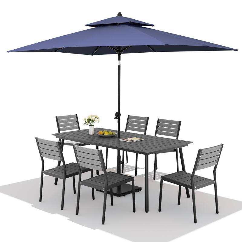 9PC Outdoor Patio Dining Set Wood-Like Aluminum Table with Stackable Chairs,Double Top Market Umbrella and Wheel Base