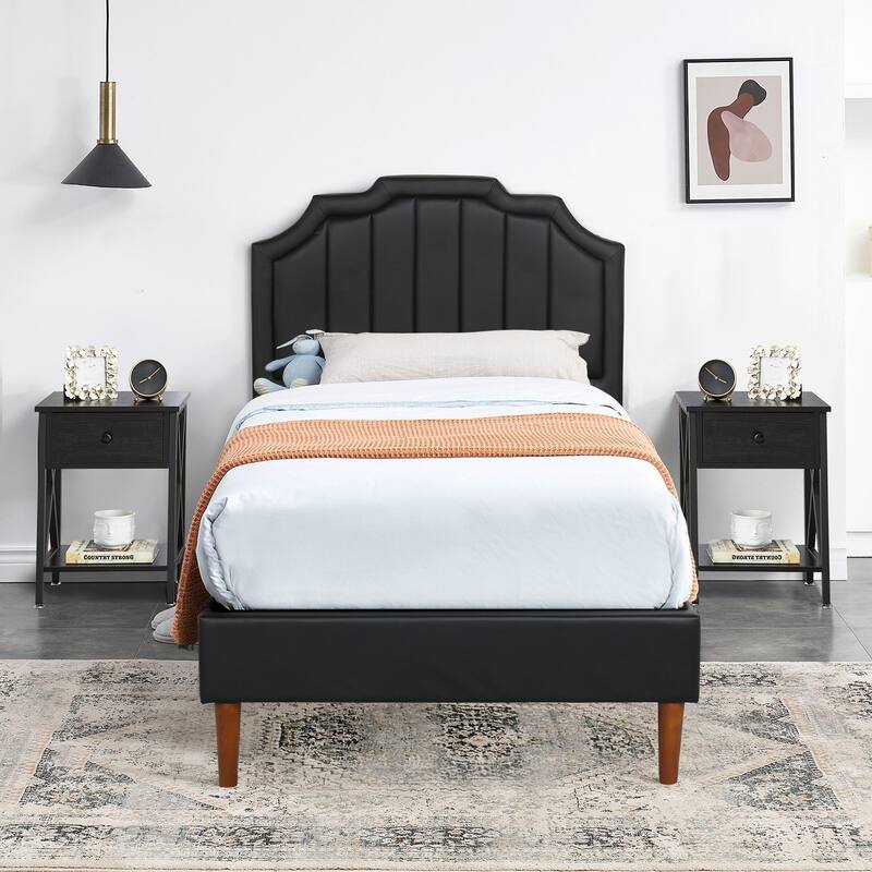 Taomika 3-Pieces Faux Leather Upholstered Platform Bed and Nightstands Sets