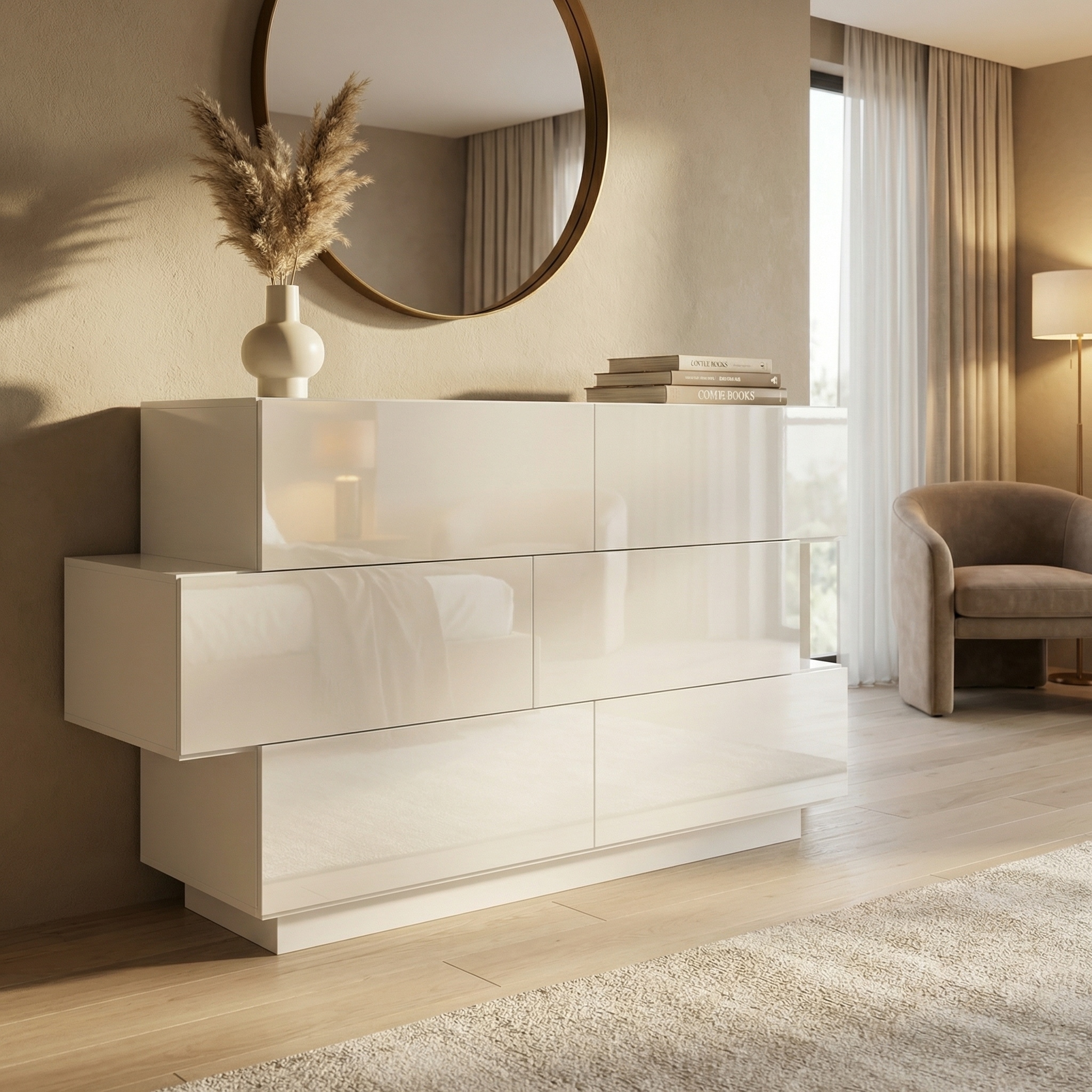 Modern Dresser with LED Mirror, 3-Color Dimmable Light Vanity Set, Adjustable Mirror Angle, 6 Drawer Storage Cabinet