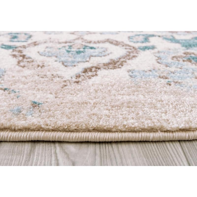 Distressed Oriental Cream Round Area Rug - 6' Round