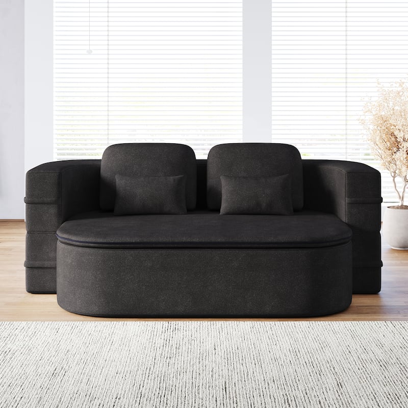 75''2-in-1 Foldable Sofa,Convertible Sleeper Foam Chenille Floor folding Sofa Bed with Multi Functional Blanket,Lounge Sofa