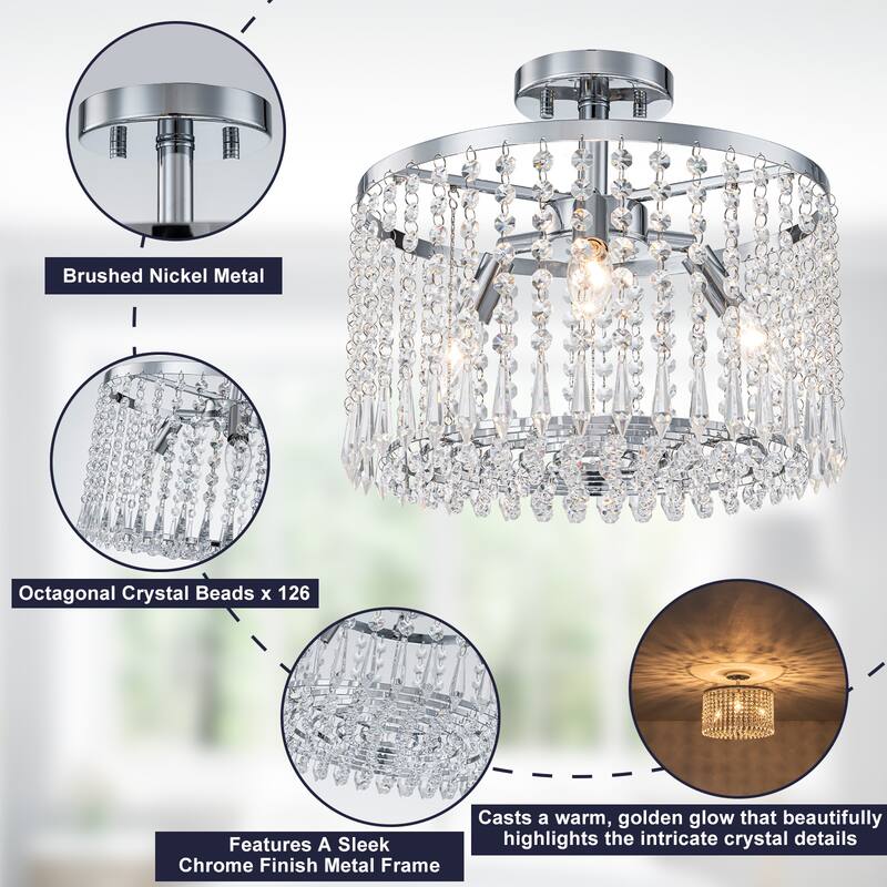Modern Crystal Semi-Flush Mount Ceiling Light with E12 Sockets - Dia.13.77-in