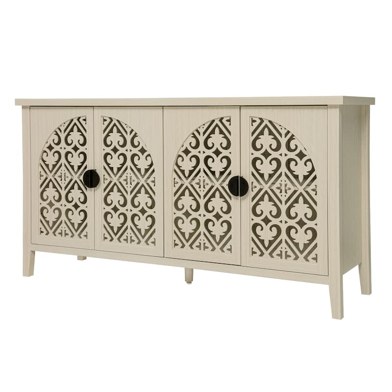 Roomfitters 4-Door Sideboard Buffet Cabinet, Carved Storage Cabinet with Adjustable Shelf, Natural