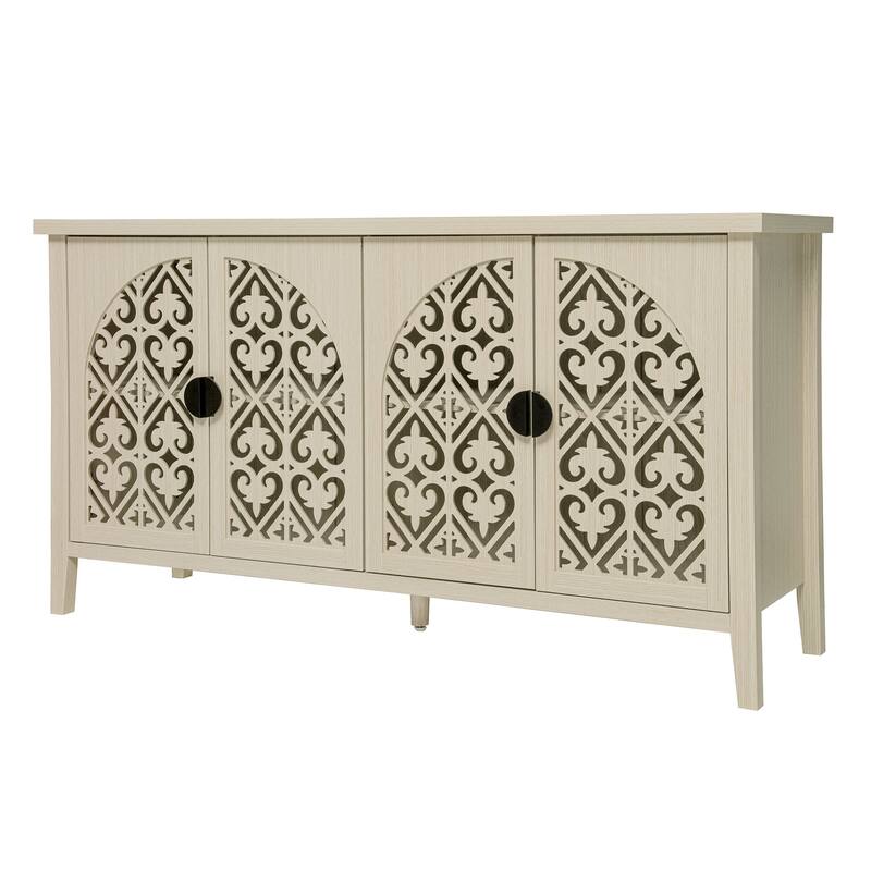 Symmetrical Carved Buffet, Storage Cabinet with Adjustable Shelves, Hollowed-out Accent Cabinet with Wood Feet
