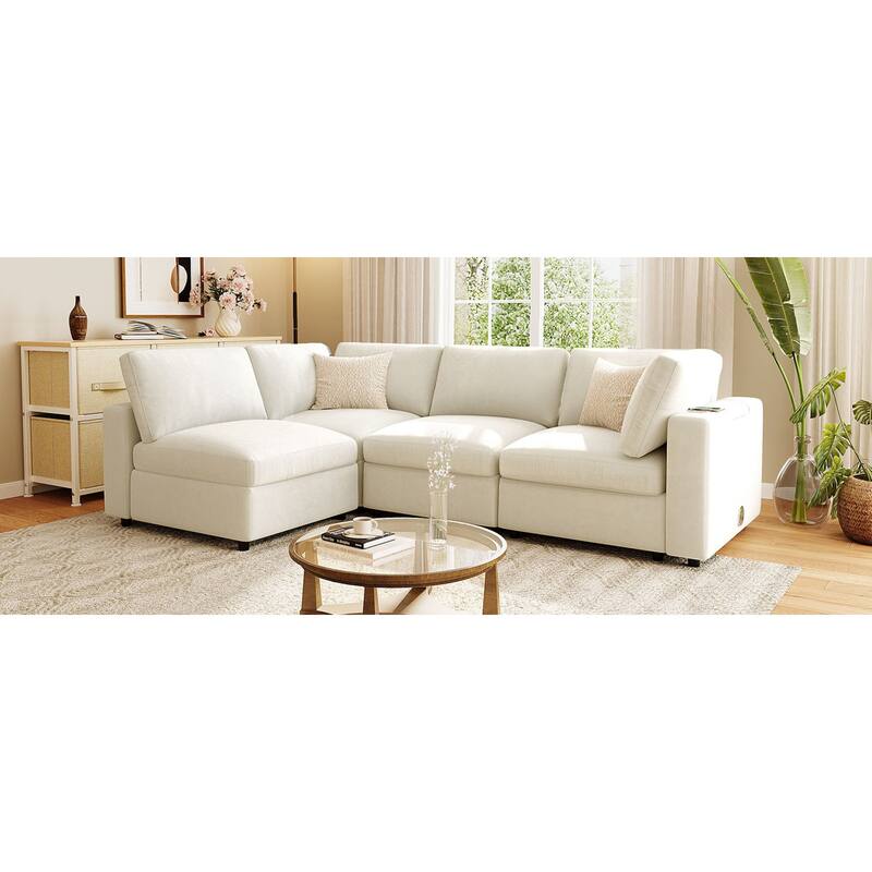 Roomfitters 133.5" Upholstered Modular Sectional Sofa with Storage Space and Built-in USB Charging for Living Room, Beige