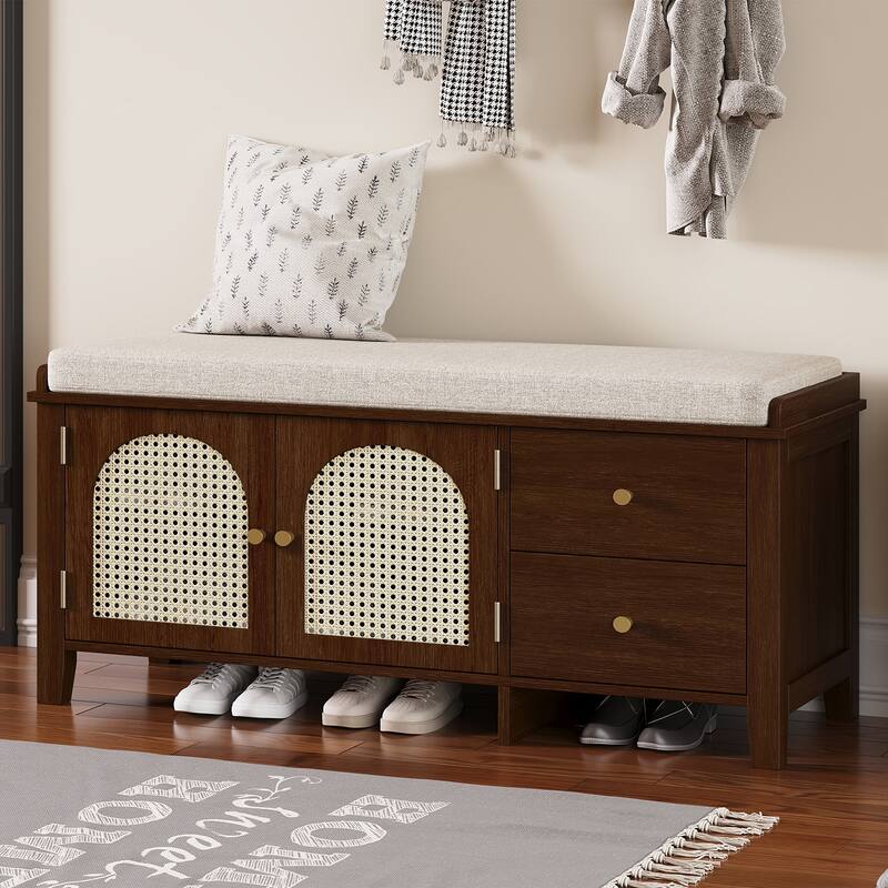 Storage Bench with Cushion,2 Drawers and Rattan Doors for Entryway - Espresso