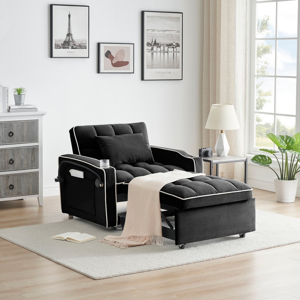 Black Convertible Single Sofa Bed with USB Charging Port