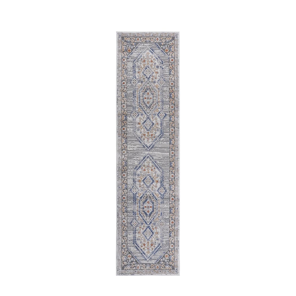 LOOM & LUXE Collection 2X8 Blue/Cream/Bordered Non-Shedding Area Rug - 96" D x 26" W x 0.35" H