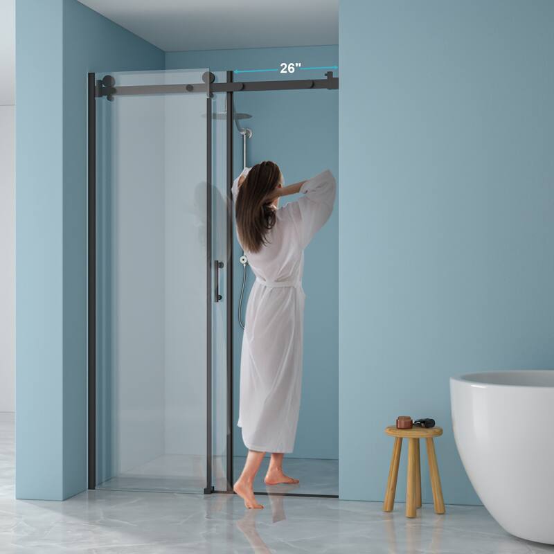 48"W x 76"H Black Stainless Steel Single-Slide Shower Door with 8mm Tempered Glass – Walk-Through Opening