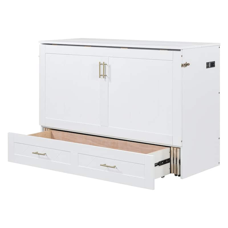 Full Size Murphy Bed Wall Bed with drawer and a set of Sockets and USB Ports - White