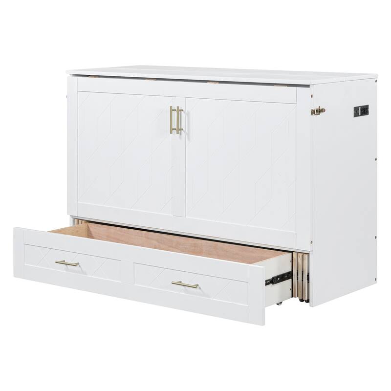 Full Size Murphy Bed with Pulley Structure Design, Drawer and USB Ports for Bedroom