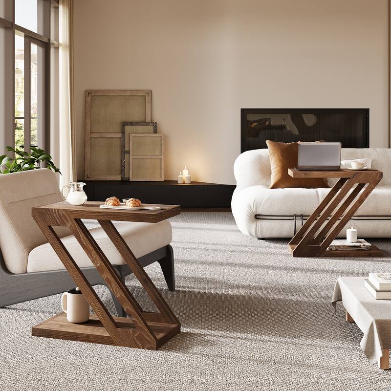 2-Tier Solid Wood Side Table, Accent Nightstand End Table for Living Room, Bedroom