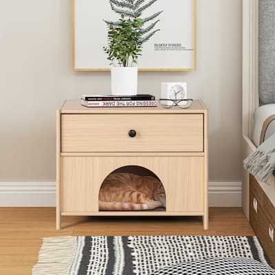 Farmhouse 22 in.L Indoor Pet Crate Design Cat Home End Table with Drawer