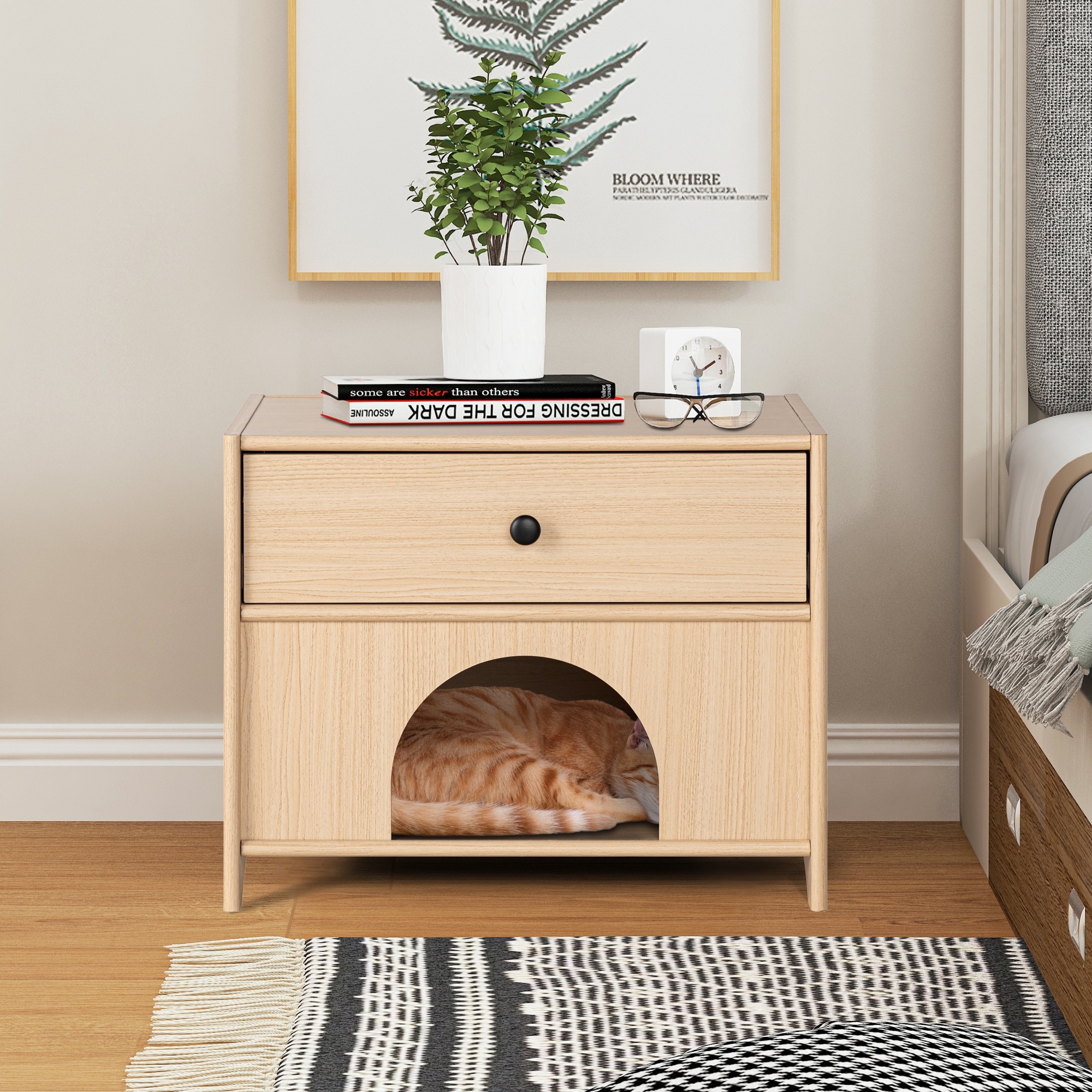 Farmhouse 22 in.L Indoor Pet Crate Design Cat Home End Table with Drawer - Natural