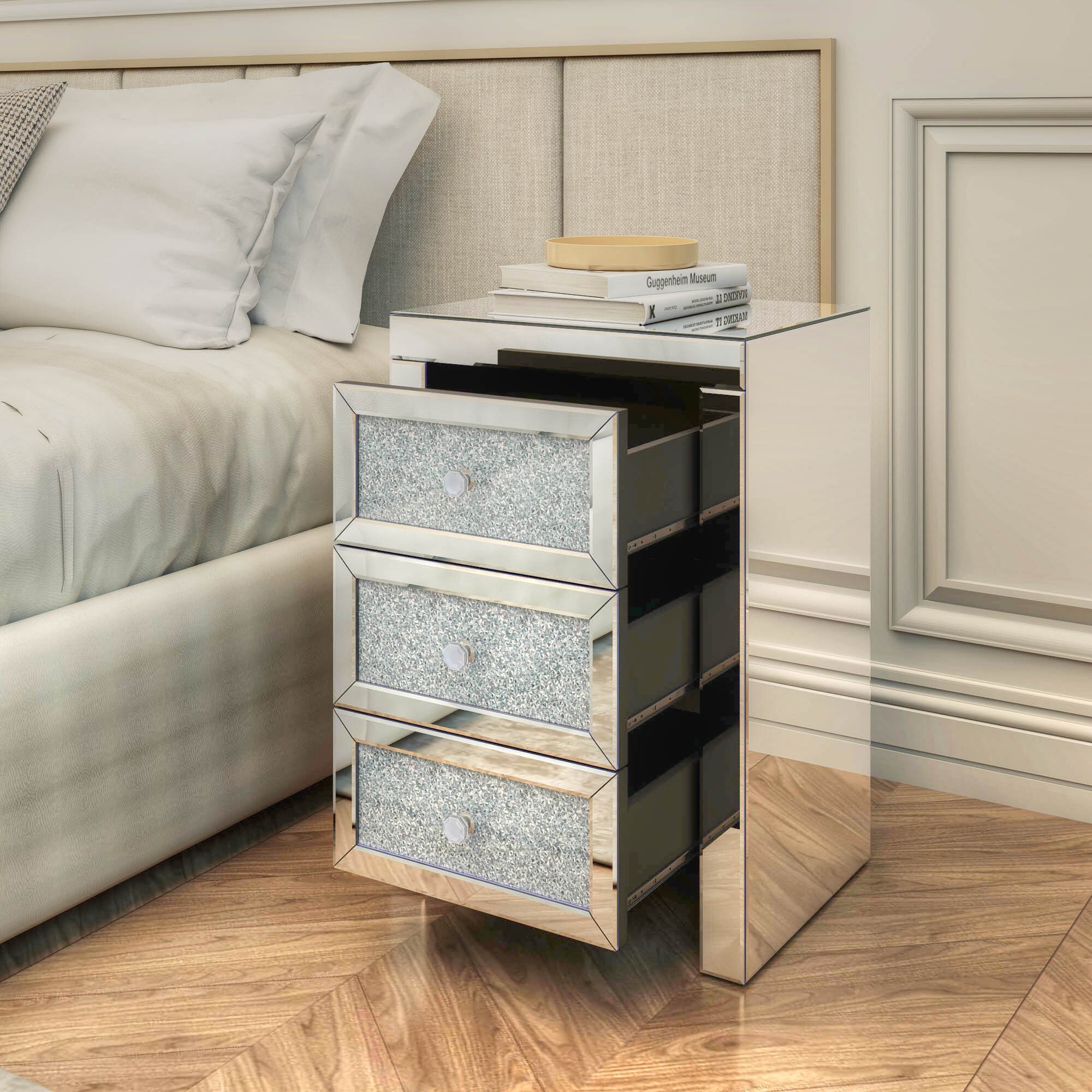 Mirrored Night Stand Bedside Tables Drawer Crystal Diamond