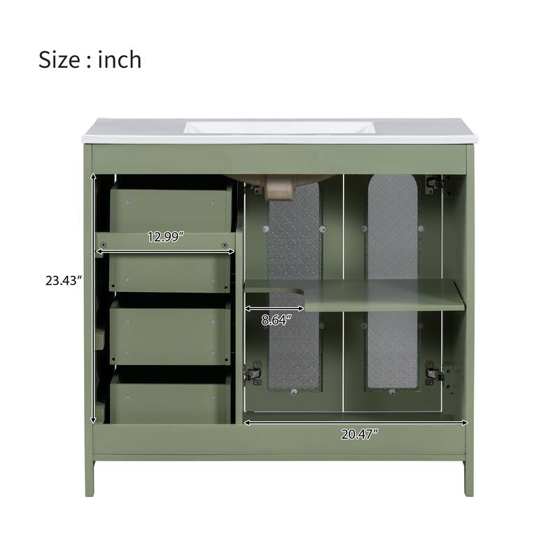 Bathroom Vanity with Ceramic Sink, Bathroom Cabinet with 2 Glass Door and 3 Drawers, Vanity Set with Adjustable Shelf