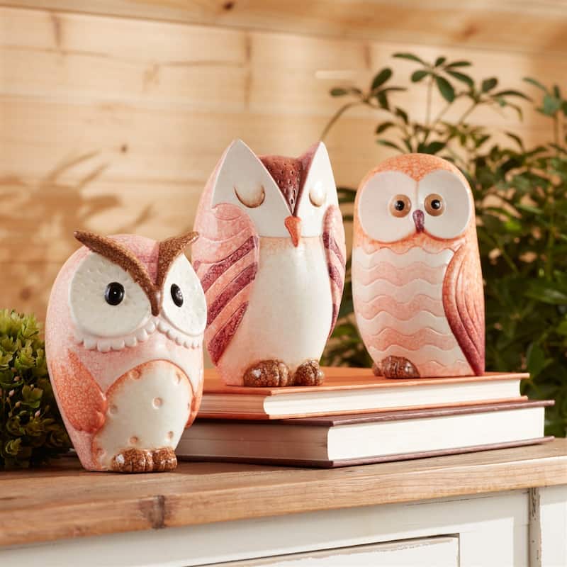 HomeRoots Set of Three Pink And Beige Terracotta Owl Figurines - 4.25 in. x 6.00 in. x 3.50 in.