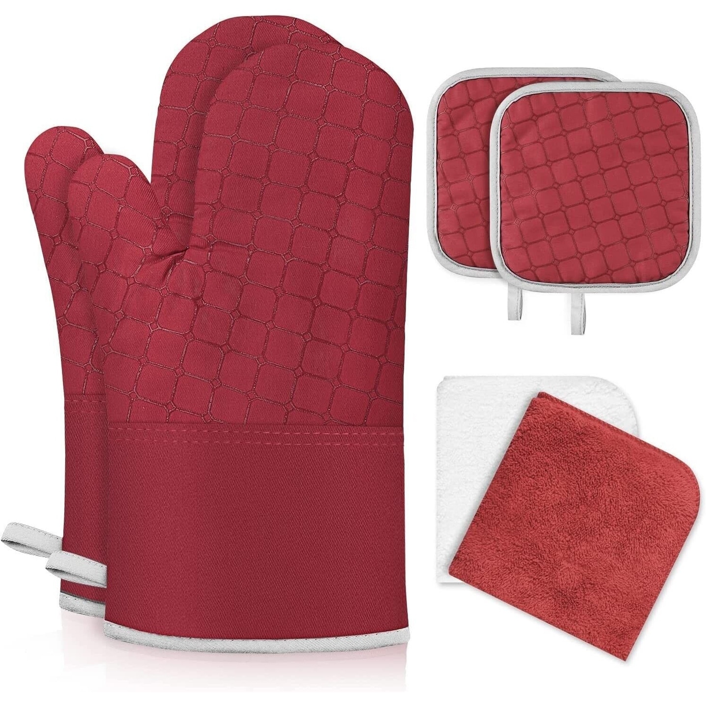Klex 4-Piece Set, 15 Silicone Oven Mitts with Potholders Set, Red