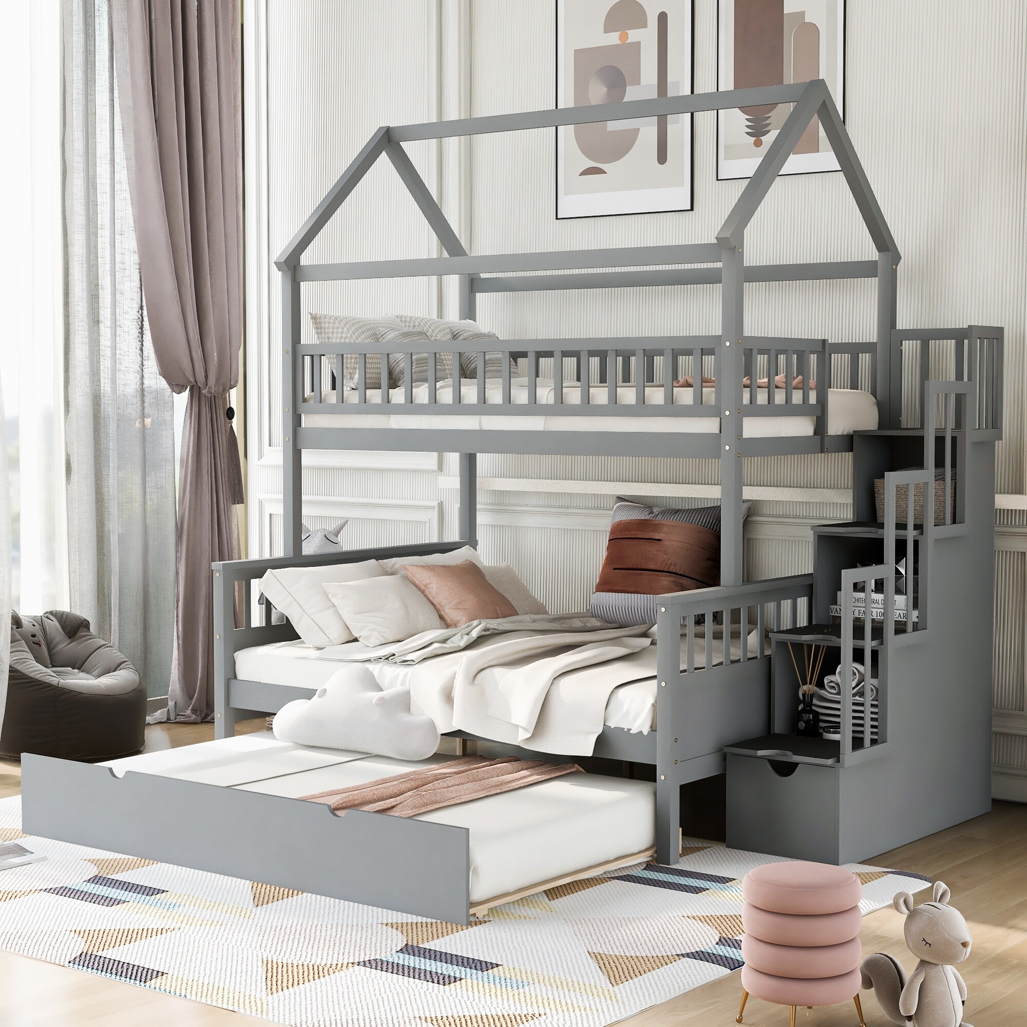 Stairs Twin Full Bunk Bed With Trundle MDF Full Size Twin House