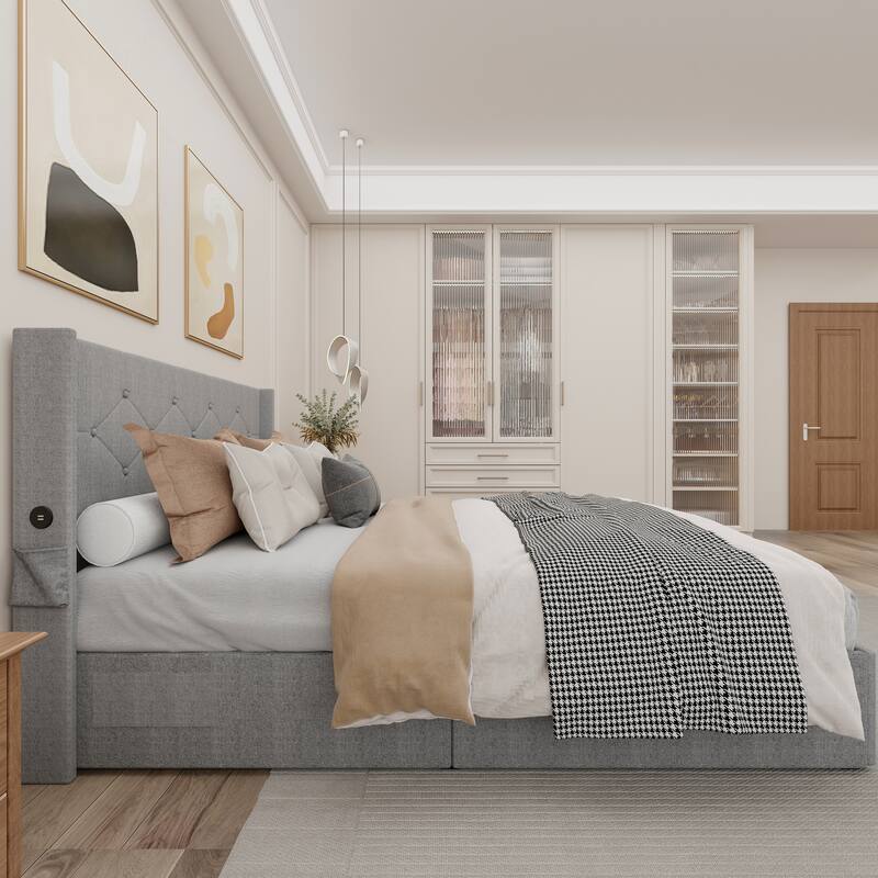Light Gray Queen Size Metal Platform Bed with Storage, Wingback Headboard, and USB Ports