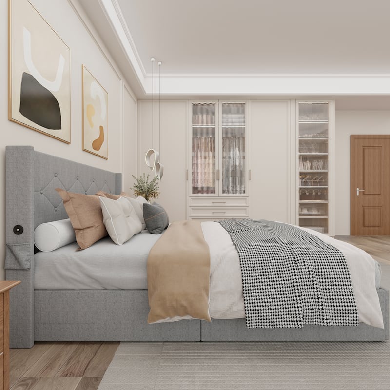 Wingback Upholstered Bed Low Profile Platform Bed Frame with USB Ports, Side Pockets and Hydraulic Lifting Storage