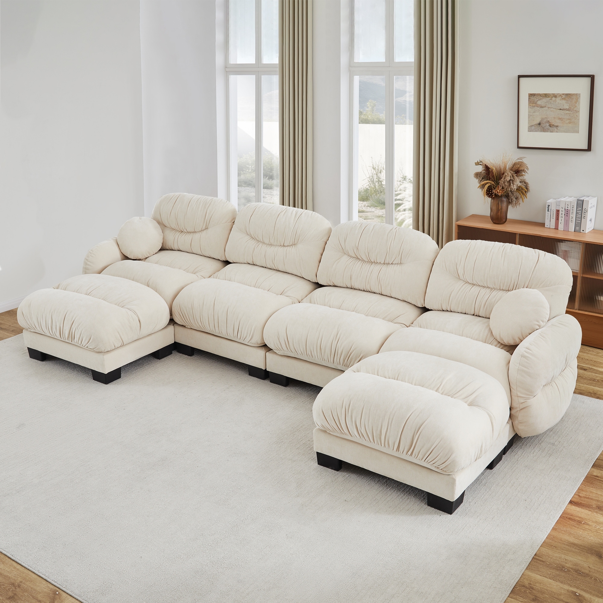 GDFStudio Brooks U-Shaped 4-Seater Chenille Modular Sofa with 2 Ottomans and Pleated Backrest