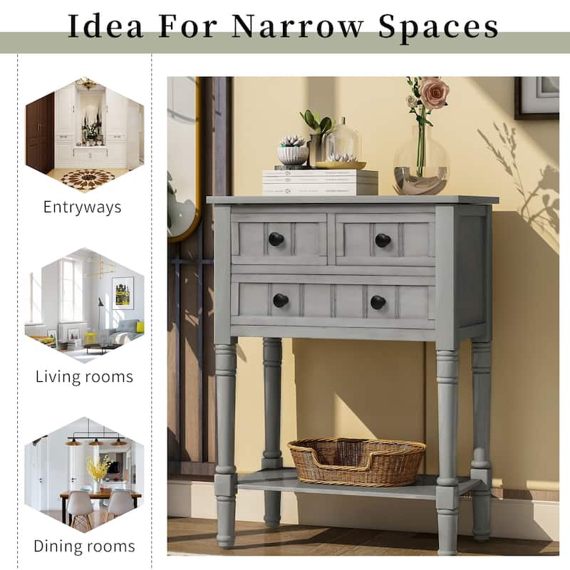 Hall Table Narrow Console Table, Slim Sofa Table with 3 Storage Drawers and Bottom Shelf, Tapered Legs, Black Round Knobs