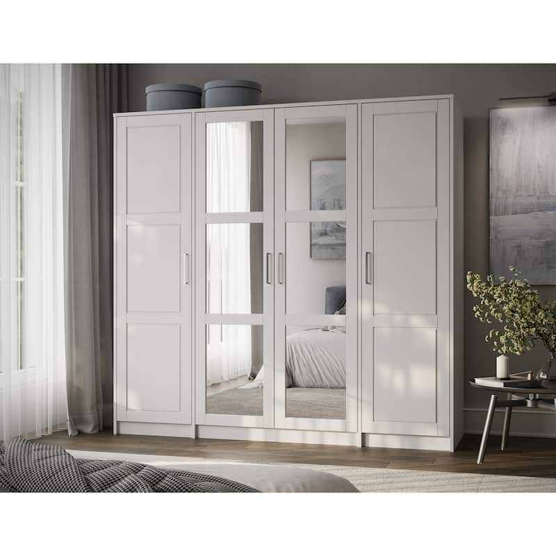100% Solid Wood Wardrobe Armoire, 4-Door Closet Storage Cabinet, Urban Collection, Palace Imports - White - Mirrored