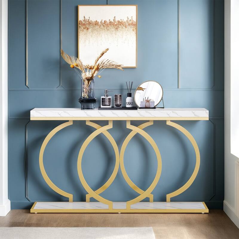 55" Console Table,Narrow Entryway Table with Geometric Metal Frame - Yellow