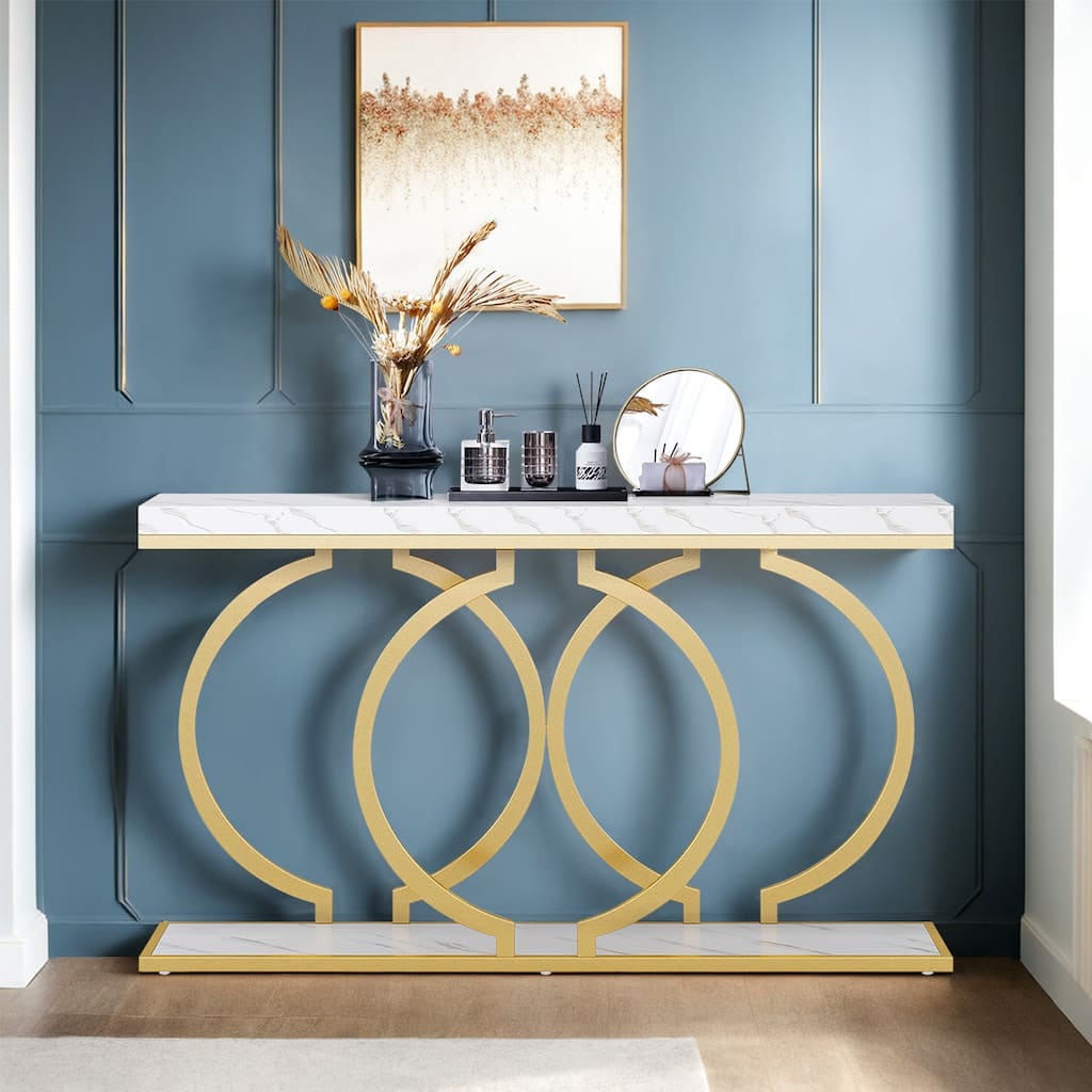 55" Console Table,Narrow Entryway Table with Geometric Metal Frame