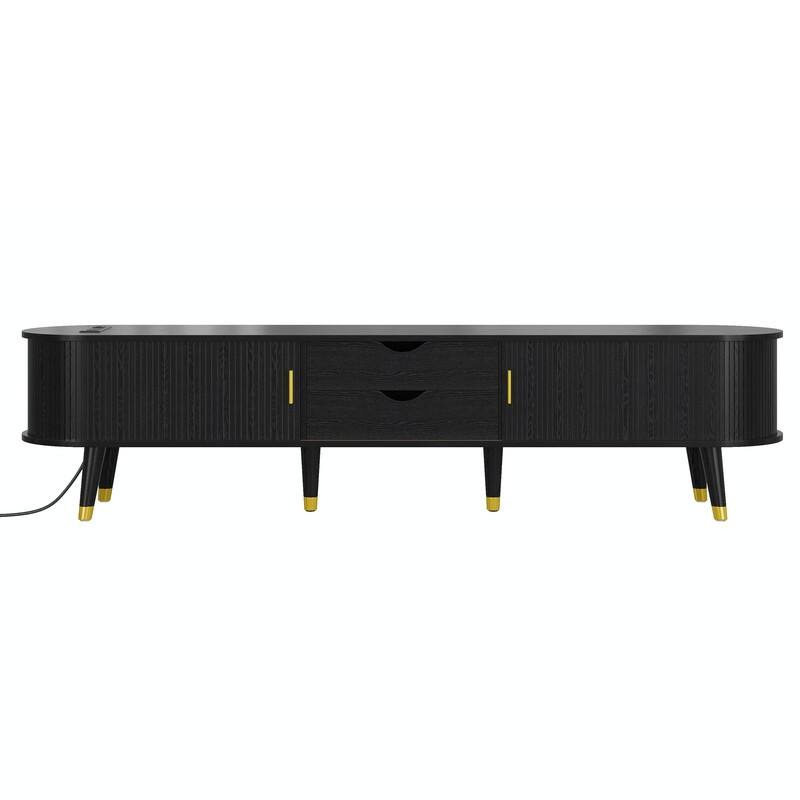 Mid-Century Modern Wooden TV Stand with Charging Station, Sliding Doors & Ample Storage for 80" TVs