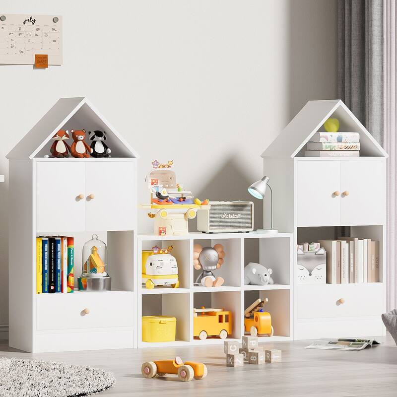 MVersatile Kids Bookshelf House Shape Toy Organizer for Bedroom Playroom