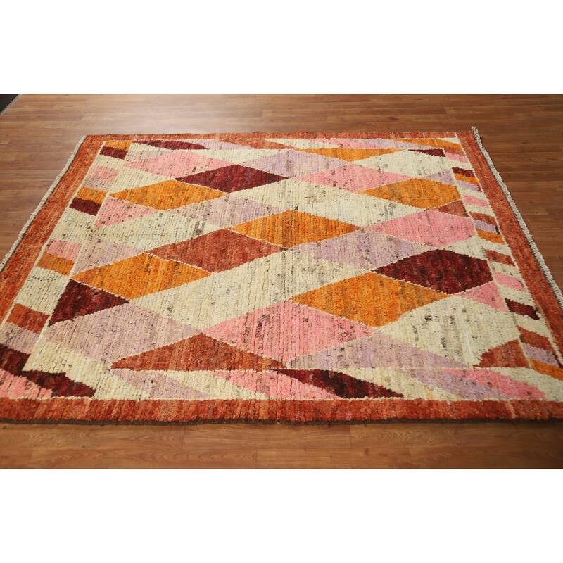 Trellis Moroccan Oriental Rug Hand-Knotted Bedroom Wool Carpet - 5'6" x 6'6"