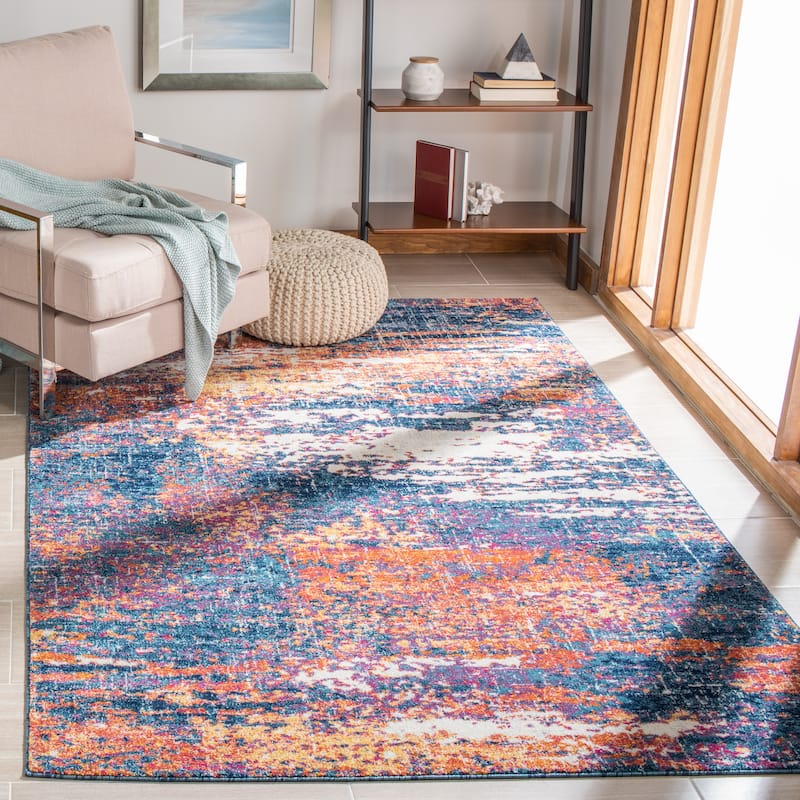 SAFAVIEH, Evoke Yukako Modern Abstract Distressed Rug - 3' x 5' - Navy/Orange