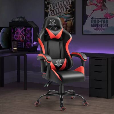 Red and Black Leather Seat Gaming Chair with Small Pillow and 5 Nylon Wheels