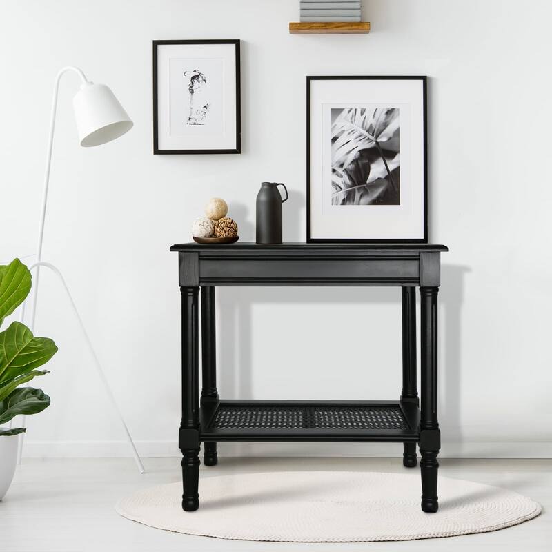 Copper Grove Reine Cream Side Table with Rattan Shelf