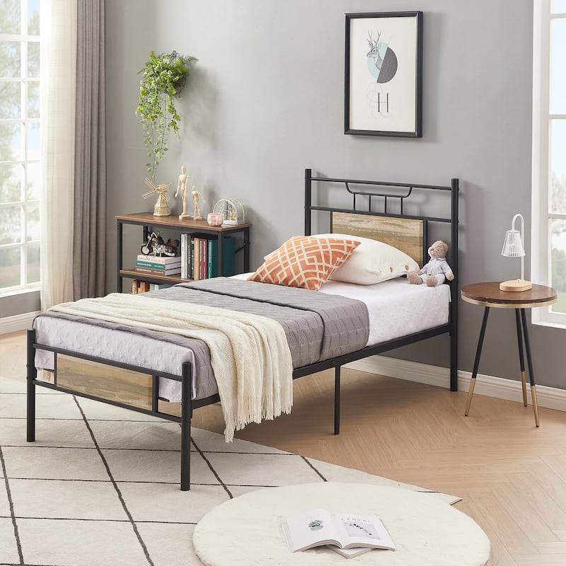 VECELO Industrial Kids Bed Frame with Wood Headboard,Twin Size Bed Set of 2