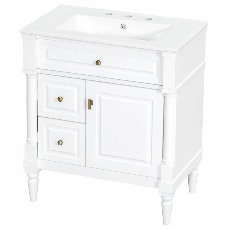 36" Bathroom Vanity with Sink, Freestanding Bathroom Cabinet with Ceramic Basin, Flip Drawer - White - 30''
