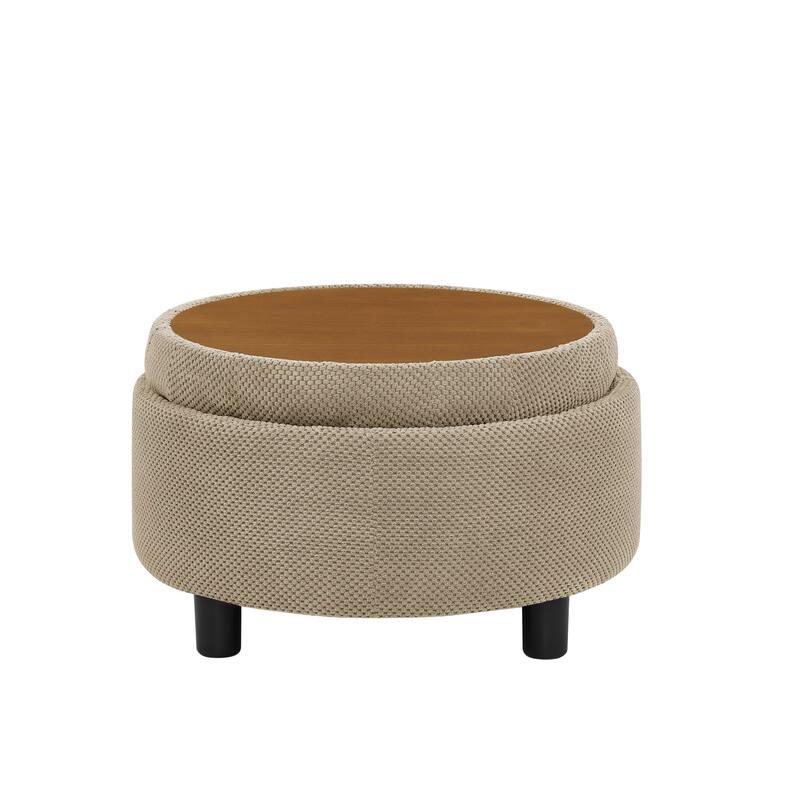 Round Storage Ottoman with Lift-Off Tray and Upholstered Fabric
