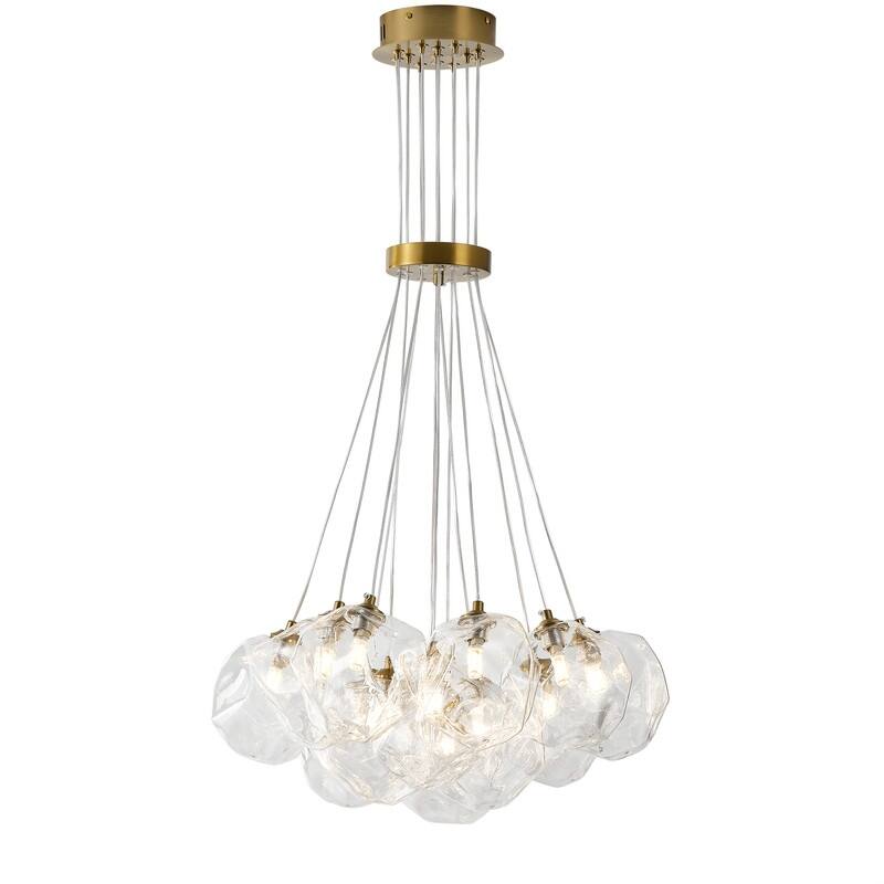 Modern 13-Light Stone Glass Globe Cluster Chandelier in Brass Finish - N/A
