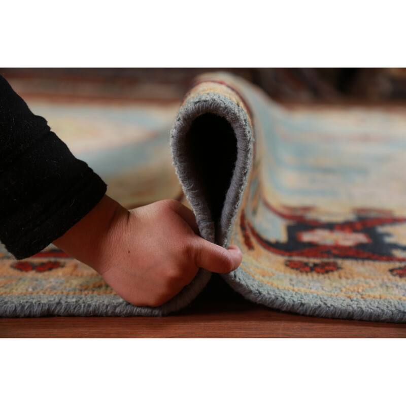 Light Blue Geometric Viss Oriental Large Rug Handmade Wool Carpet - 9'9" x 13'9"