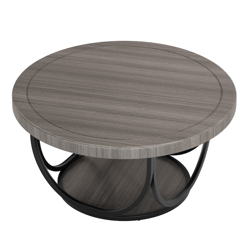 2-Tier Round Coffee Tables for Living Room, 31.5" Wooden Circle Accent Cocktail Table with Shelf - 35.4"L x 35.4"W x 17.3"H