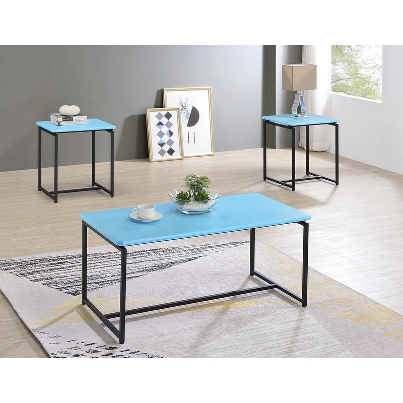 GT 3-Piece Carbon Fiber Coffee Table and End Table Set, 39.5” Rectangular Coffee Table with 2 End Tables, Metal Frame - Blue