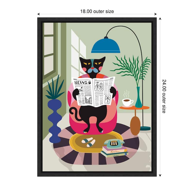Kate and Laurel Sylvie Black Cat Reading Newspaper Framed Canvas by Rachel Lee