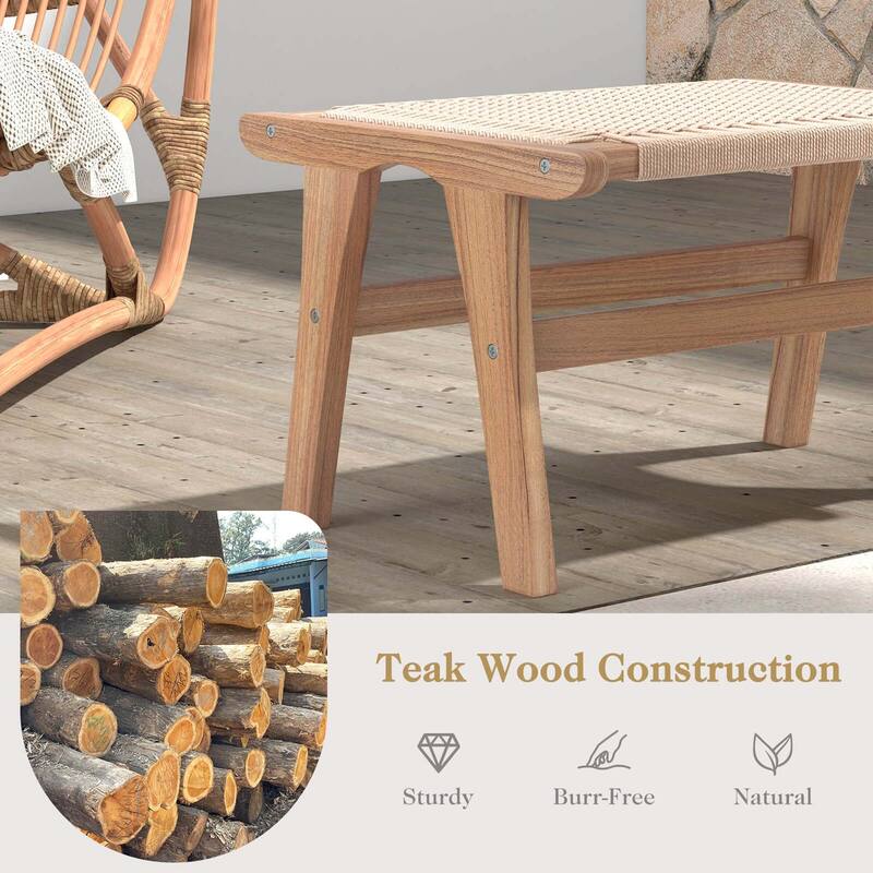1/2 PCS Teak Wood Ottoman Footstool w/ Braided Rope for Room & Office